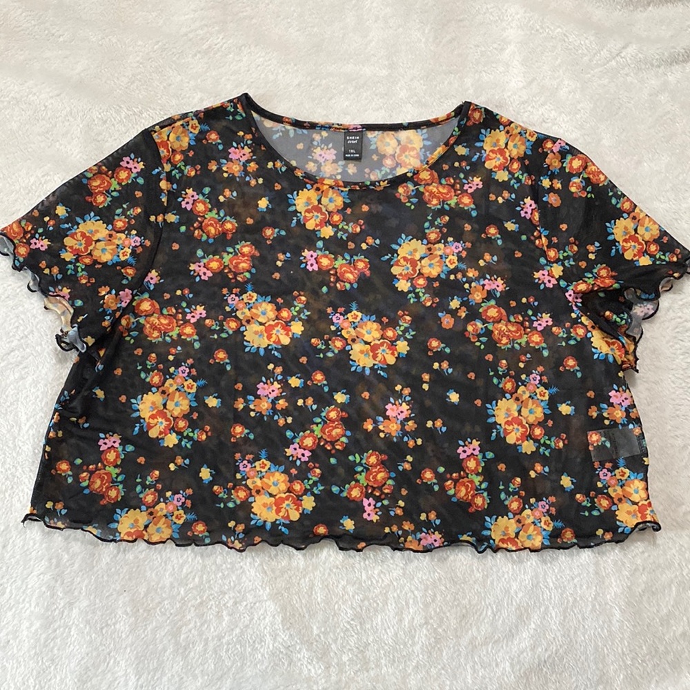 SHEIN Plus Floral Print Sheer Mesh Top (1XL)